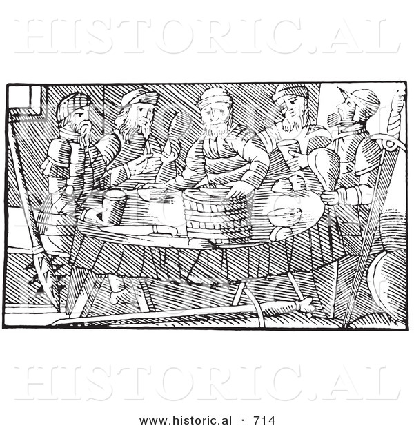 Historical Vector Illustration of Feasting Fantasy Giants at a Dining Room Table - Black and White Version