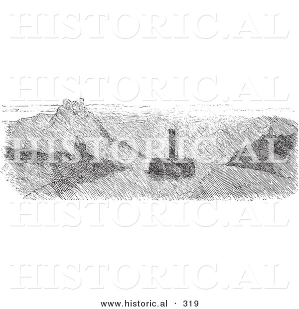 Historical Vector Illustration of Fog on the Rhine River - Black and White Version