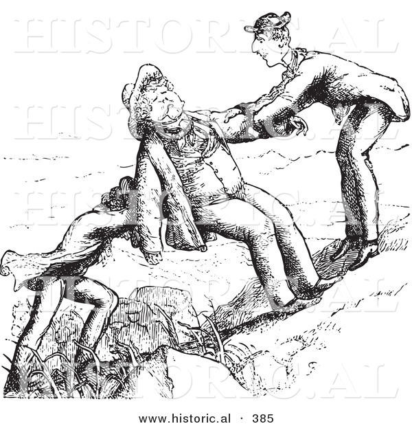 Historical Vector Illustration of Friends Helping a Man up a Steep Hill - Black and White Version