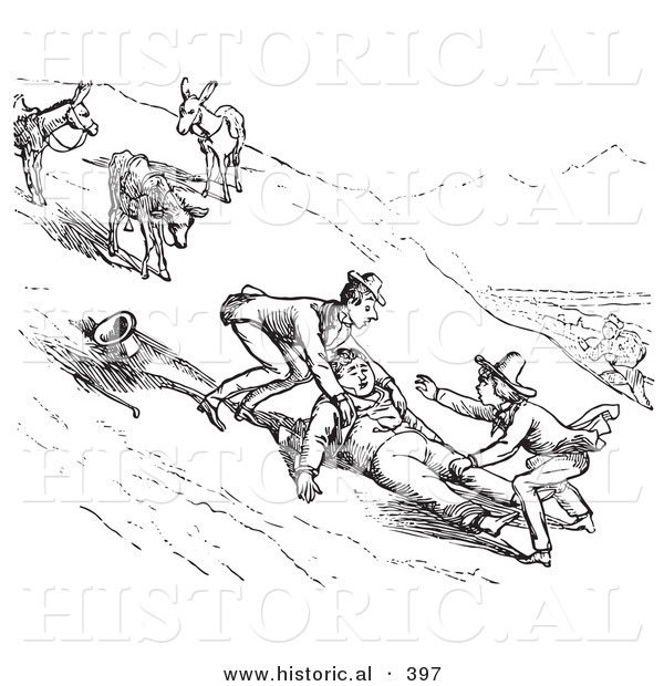 Historical Vector Illustration of Friends Helping Man Who Fell off His Donkey While Traveling up a Steep Mountain - Black and White Version