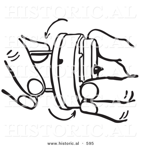 Historical Vector Illustration of Hands Winding a Retro Novelty Hand Buzzer Toy - Outlined Version