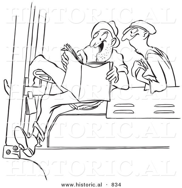 Historical Vector Illustration of Happy Cartoon Male Workers Reading an Exciting Story - Black and White Outlined Version