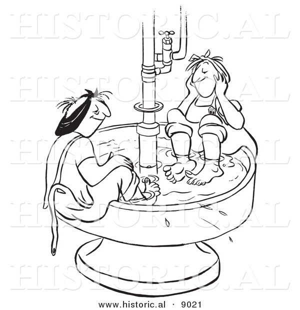 Historical Vector Illustration of Happy Female Workers Soaking Their Feet in a Hot Water Bin at Work - Black and White Outlined Version