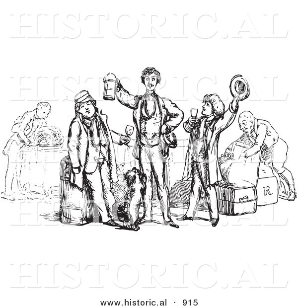 Historical Vector Illustration of Happy Men Toasting and Celebrating - Black and White Version