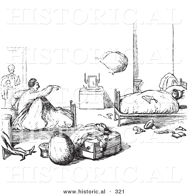 Historical Vector Illustration of Hotel Guests Waking up - Black and White Version