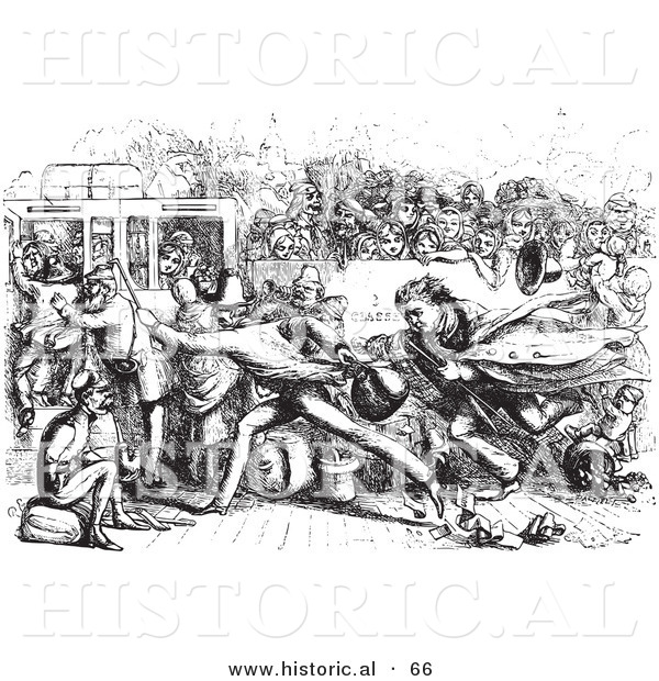 Historical Vector Illustration of Late Railway Passengers in a Hurry - Black and White Version
