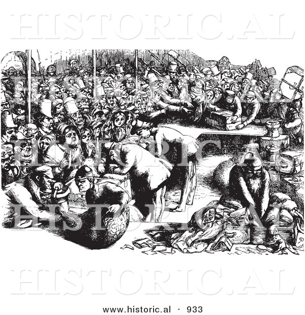 Historical Vector Illustration of Lots of Travelers at at an Inspection Point - Black and White Version