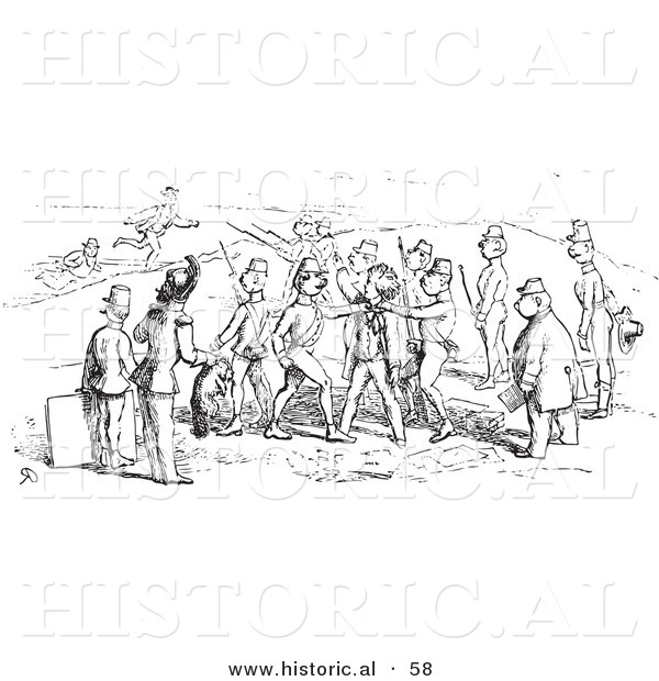 Historical Vector Illustration of Men and Soldiers Arguing - Black and White Version