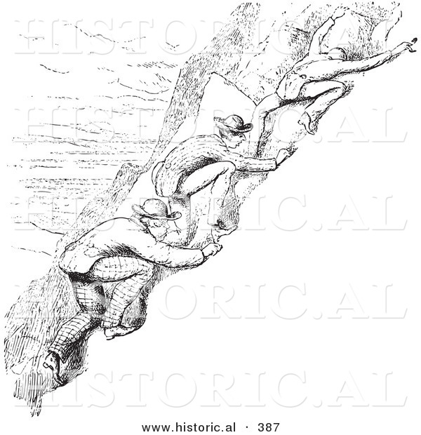 Historical Vector Illustration of Men Climbing a Steep Mountain Slope - Black and White Version