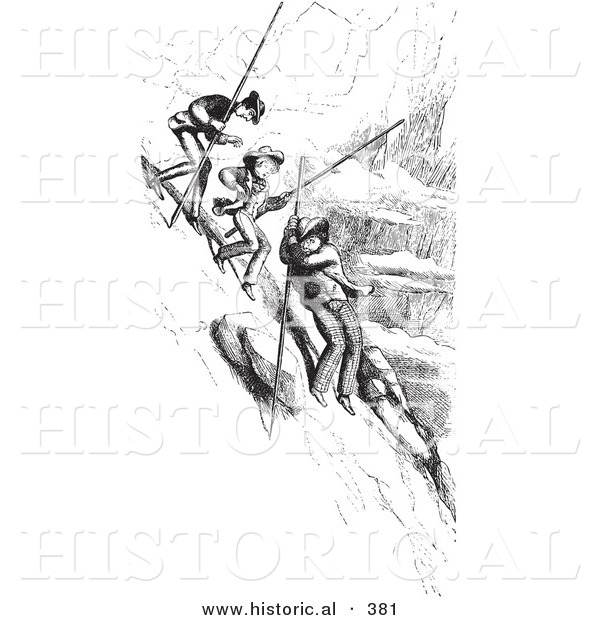 Historical Vector Illustration of Men Descending down a Steep Hill - Black and White Version