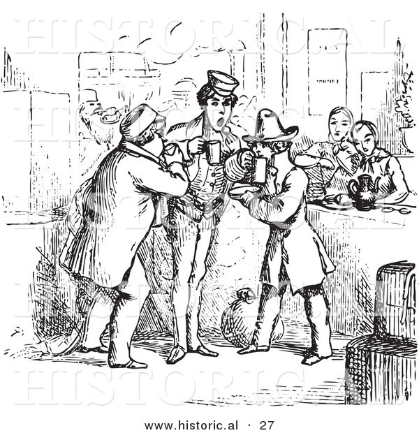 Historical Vector Illustration of Men Drinking at a Bar - Black and White Version