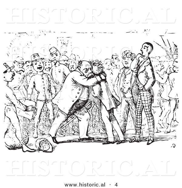 Historical Vector Illustration of Men Hugging - Black and White Version