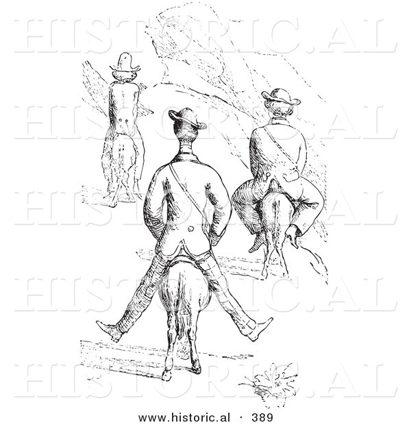 Historical Vector Illustration of Men Riding Donkeys up a Mountain - Black and White Version