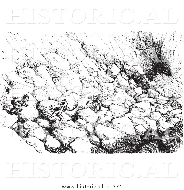 Historical Vector Illustration of Men Running over Boulders down a Cliff to Hitch a Ride on a Passing Carriage - Black and White Version