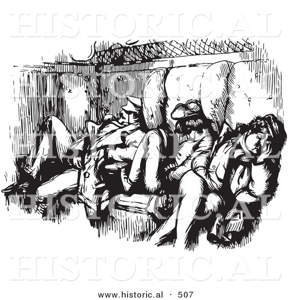 Historical Vector Illustration of Men Sleeping in a Crowded Train Car - Black and White Version
