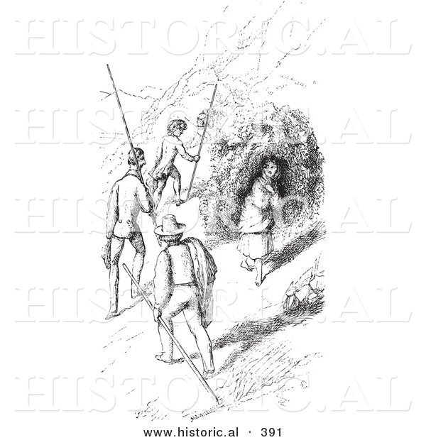 Historical Vector Illustration of Men Walking past a Woman While Hiking up a Mountain - Black and White Version
