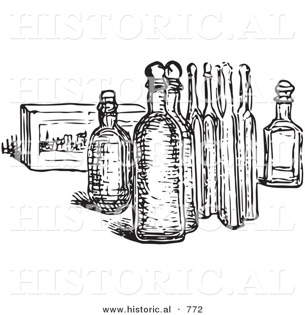 Historical Vector Illustration of Old Eau De Cologne Bottles - Black and White Version