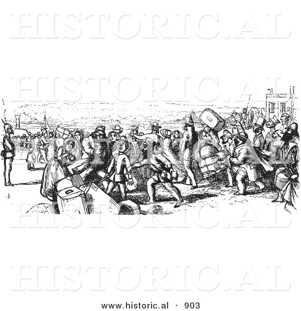 Historical Vector Illustration of People Boarding a Boat - Black and White Version