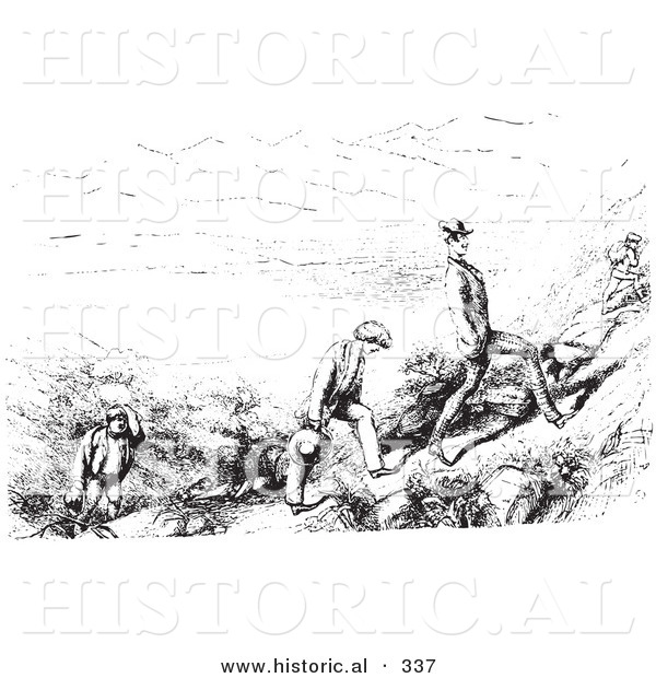 Historical Vector Illustration of People Hiking - Black and White Version