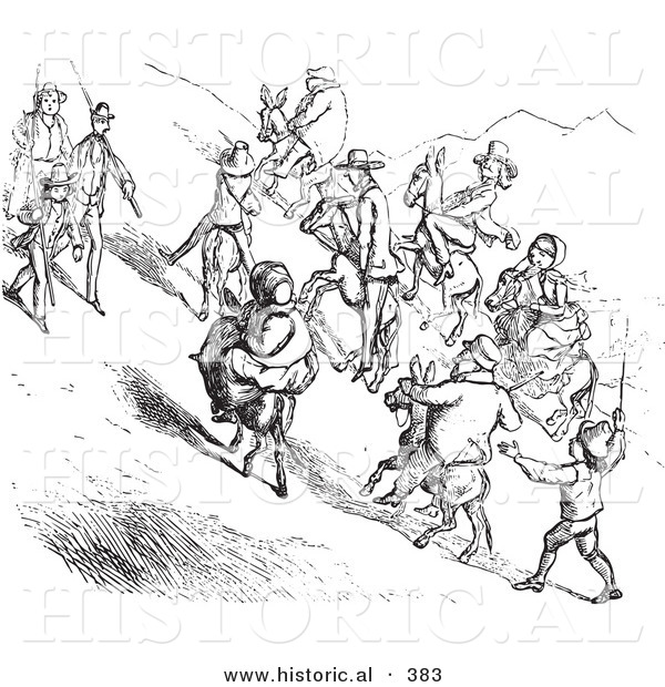 Historical Vector Illustration of People Meeting on a Steep Mountain Side - Black and White Version