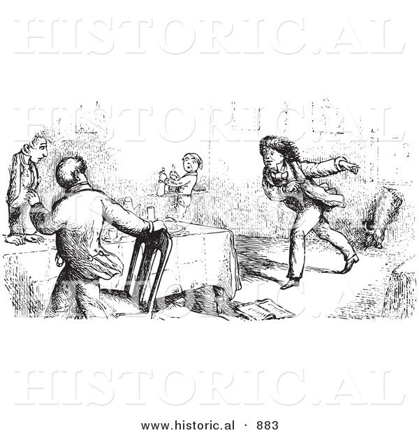 Historical Vector Illustration of People Panicking at a Restaurant - Black and White Version