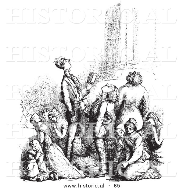 Historical Vector Illustration of People Praying Together - Black and White Version