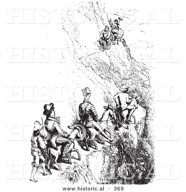 Historical Vector Illustration of People Riding Mules up a Steep Cliff - Black and White Version