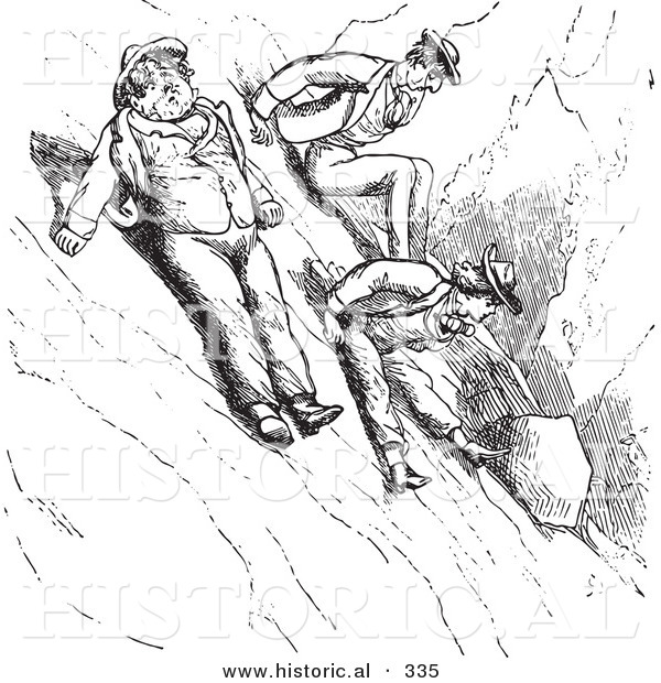 Historical Vector Illustration of People Scooting down a Mountain - Black and White Version