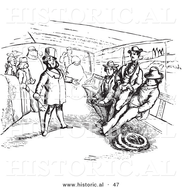 Historical Vector Illustration of People Sitting Around a Chatty Man on a Boat - Black and White Version