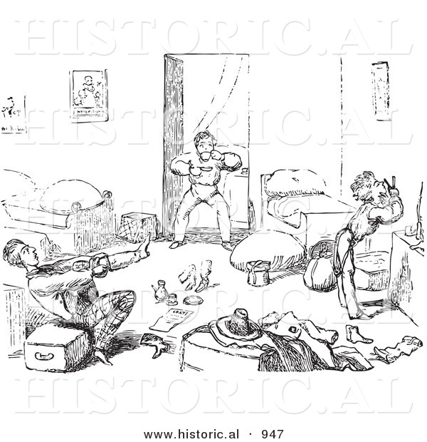 Historical Vector Illustration of Rushed Travelers Waking up and Getting Ready to Leave Quickly - Black and White Version