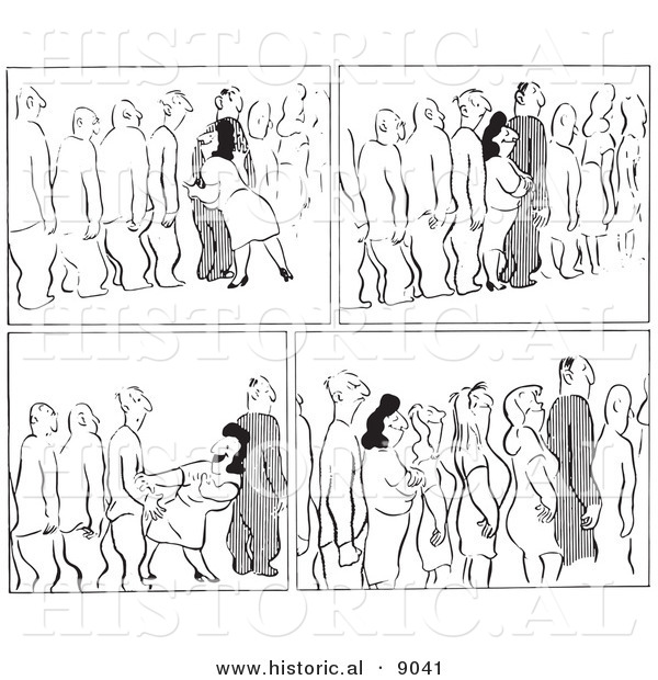Historical Vector Illustration of Scenes Featuring a Cartoon Woman Flirting with Men Waiting in a Line - Black and White Outlined Version