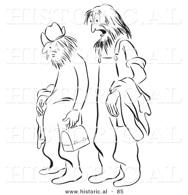 Historical Vector Illustration of Shaggy Men Waiting in Line - Black and White Version