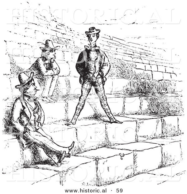 Historical Vector Illustration of Three Men at the Amphitheater in Verona - Black and White Version