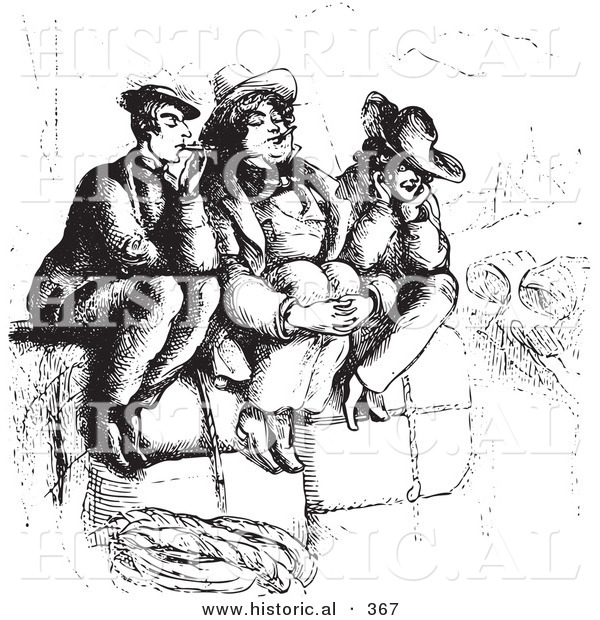 Historical Vector Illustration of Three Men Smoking on Luggage - Black and White Version