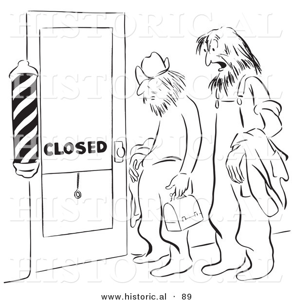 Historical Vector Illustration of Transient Cartoon Men with Long Hair at a Closed Barber Shop Door - Black and White Version