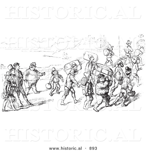 Historical Vector Illustration of Travelers Carrying Luggage - Black and White Version