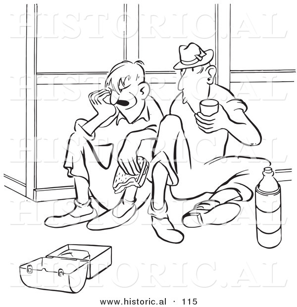 Historical Vector Illustration of Two Cartoon Workers Eating Lunch Together - Black and White Outlined Version