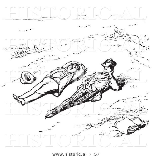 Historical Vector Illustration of Two Men Laying down on the Ground, Relaxing - Black and White Version