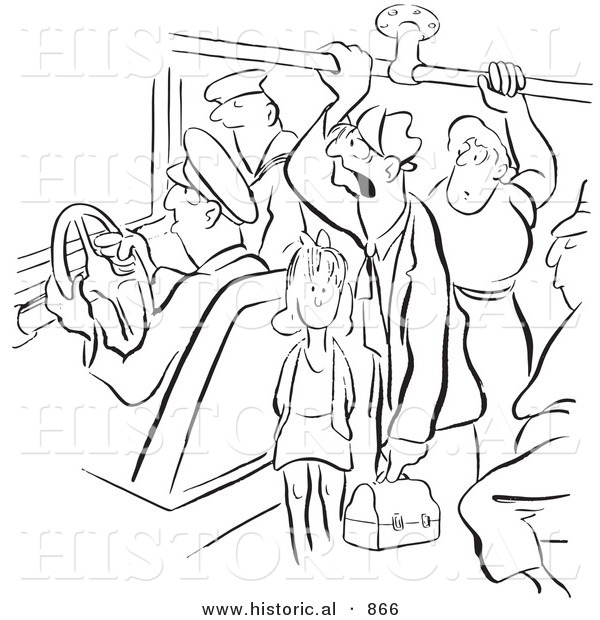 Historical Vector Illustration of Unhappy Cartoon People Riding on a Crowded Bus - Black and White Outlined Version