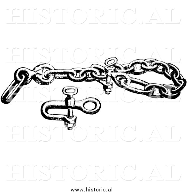 Illustration of a Bear Chain Clevis Beside a Bolt for a Trap - Black and White