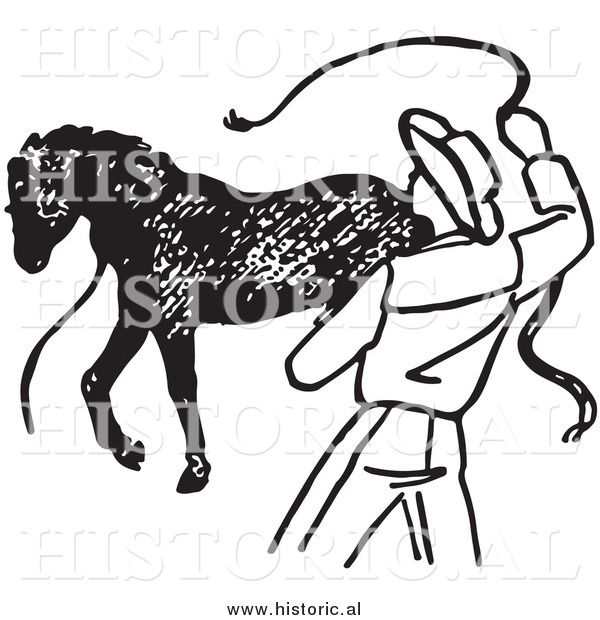Illustration of a Cowboy Training Horse with a Whip - Black and White