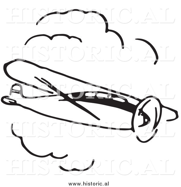 Illustration of a Flying Airplane and Clouds - Black and White