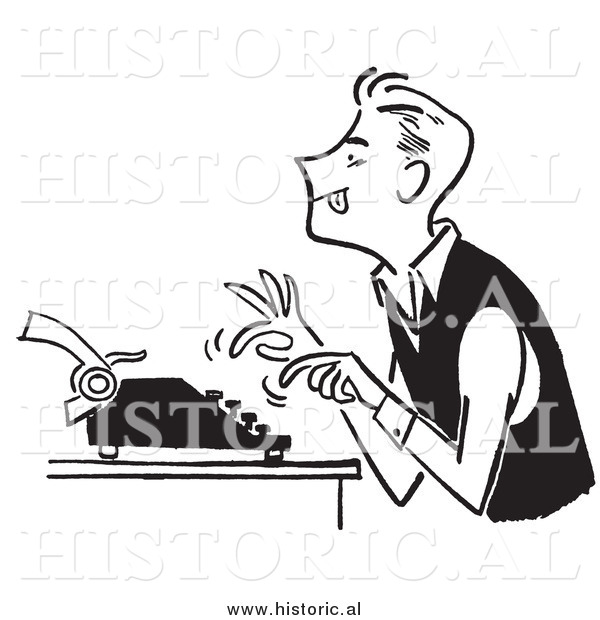 Illustration of a Hardworking Young Man Using a Typewriter - Black and White