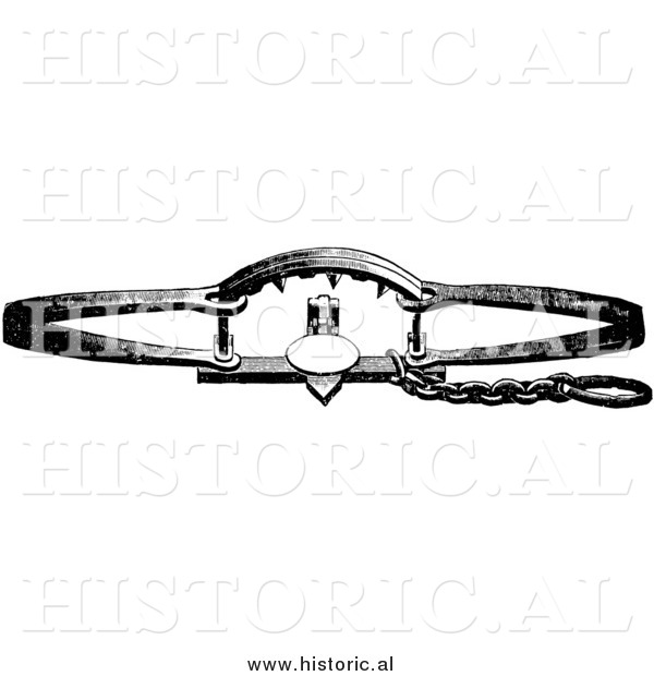Illustration of a Heavy Duty Steel Bear Trap - Black and White