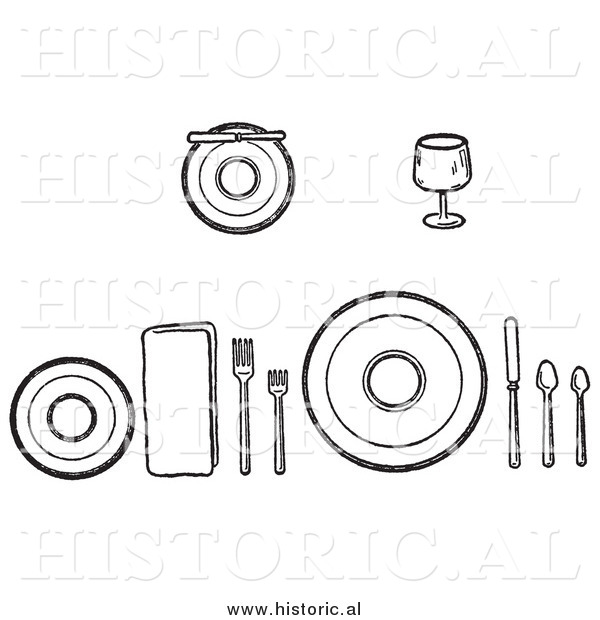 Illustration of a Proper Setting of Dishes on a Table - Black and White