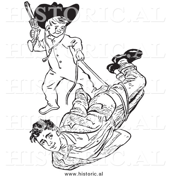 Illustration of a Teen Boy Playing Cowboys with His Baby Brother - Black and White