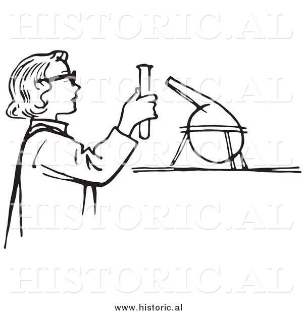 Illustration of a Young Girl Conducting a Science Experiment in a Lab - Black and White
