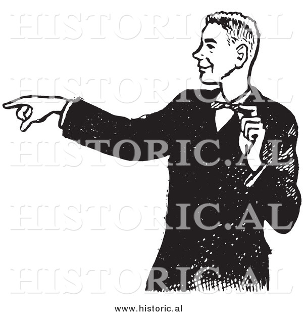 Illustration of a Young Man in a Tux Pointing His Finger While Grinning - Black and White