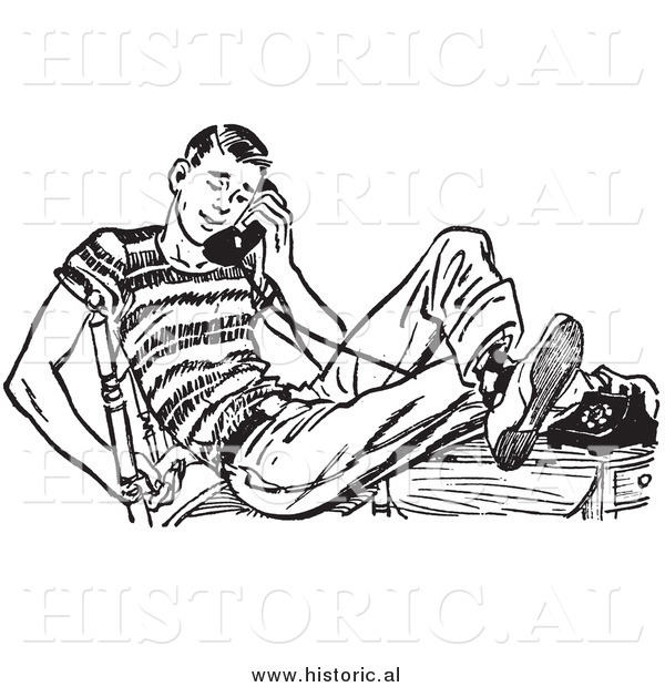 Illustration of Teenage Boy Talking on Old Telephone - Black and White