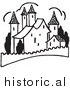 Clipart of a Castle with Fence - Black and White Drawing by JVPD